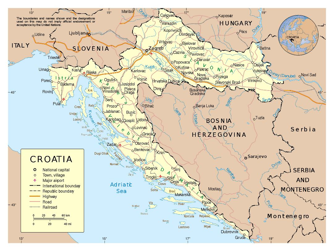 Large detailed political map of Croatia with roads, cities and airports