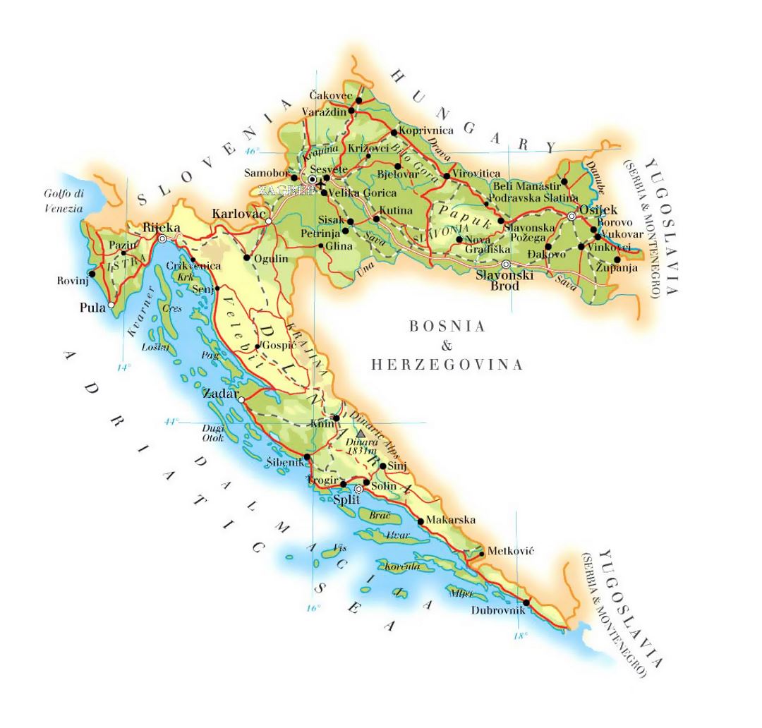Large elevation map of Croatia with roads, cities and airports