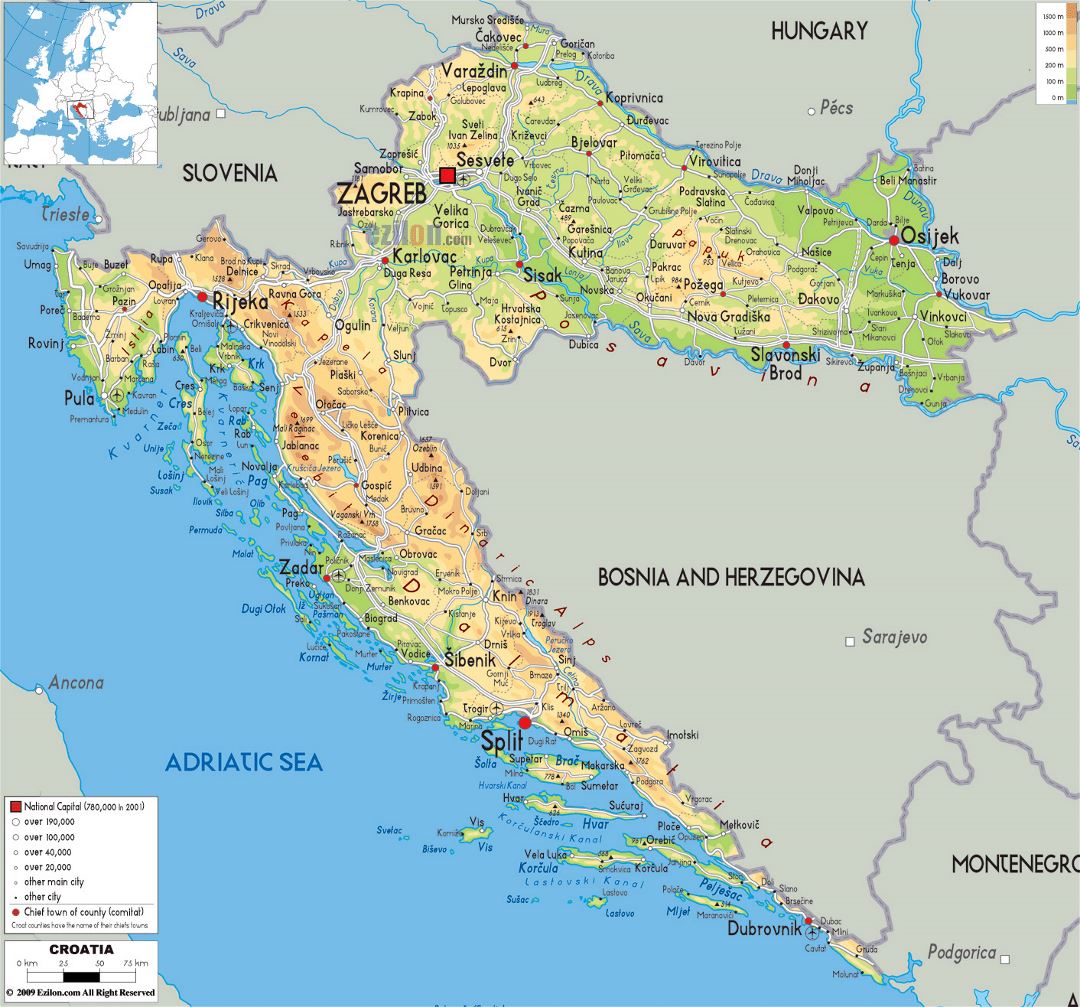 Large physical map of Croatia with roads, cities and airports