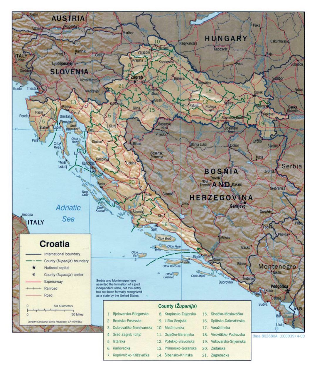 Large political and administrative map of Croatia with relief, roads and cities - 2000