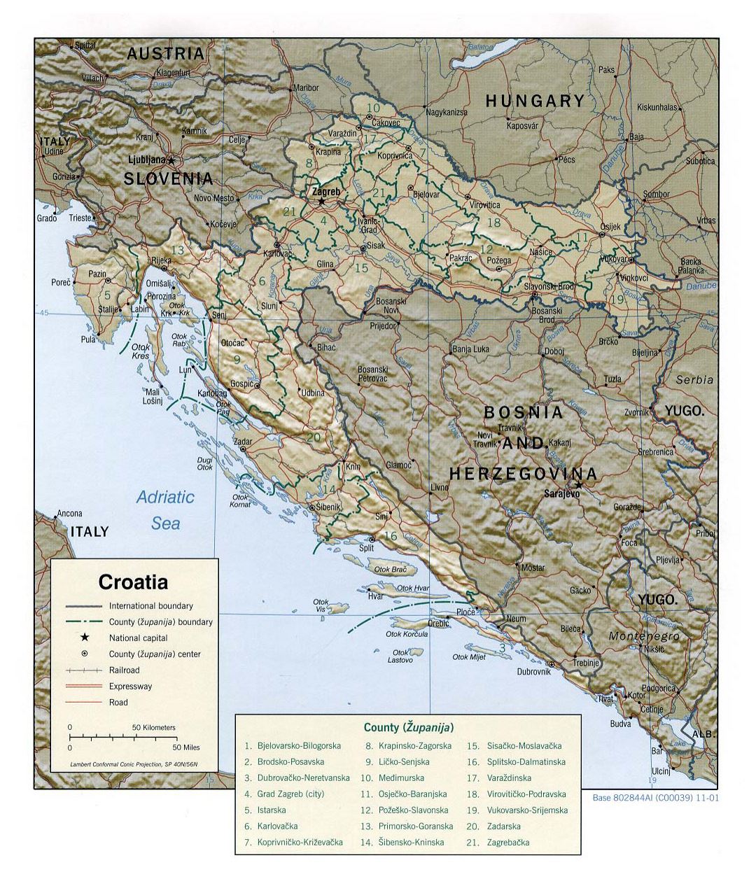 Large political and administrative map of Croatia with relief, roads and cities - 2001