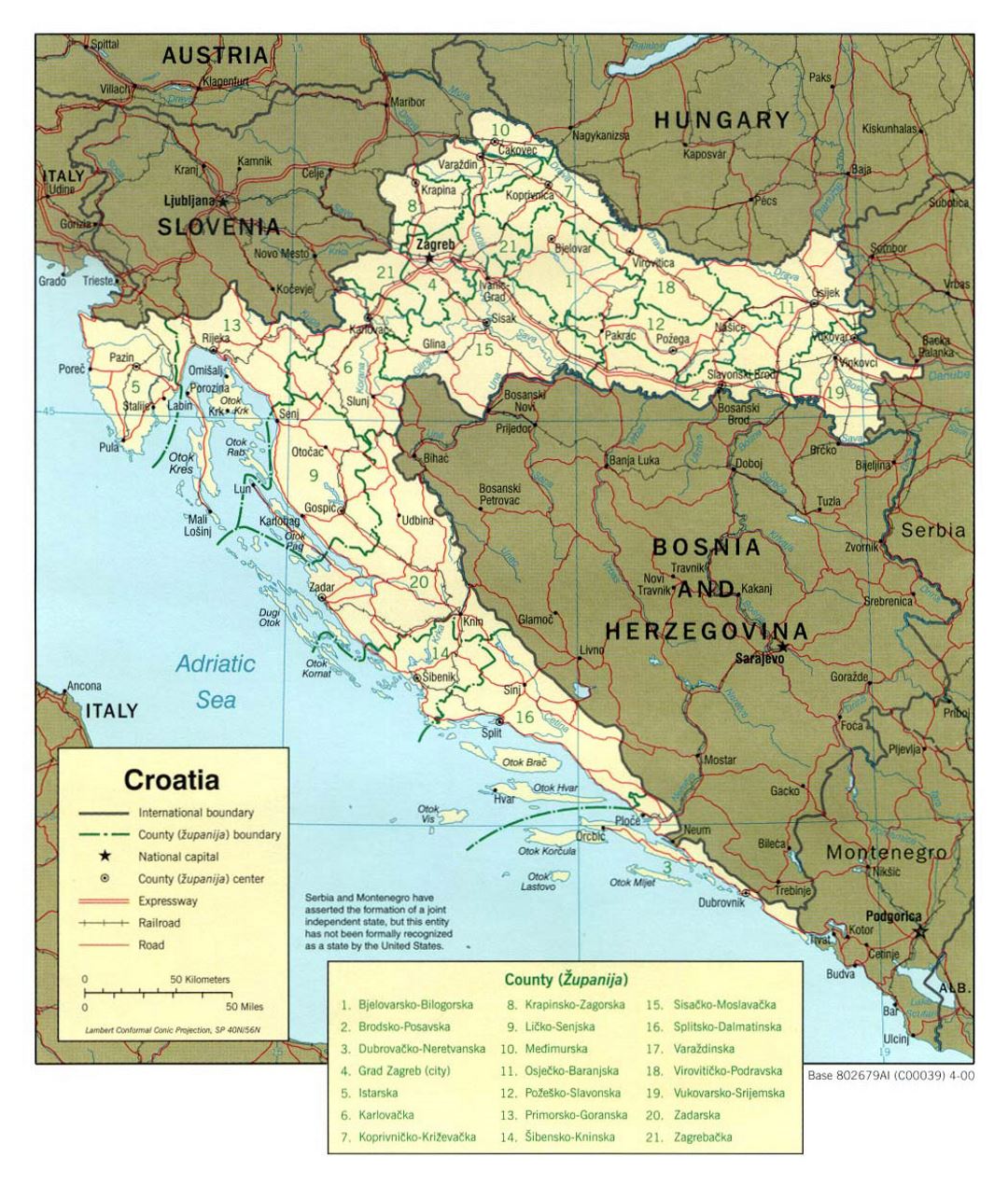 Large political and administrative map of Croatia with roads and cities - 2000