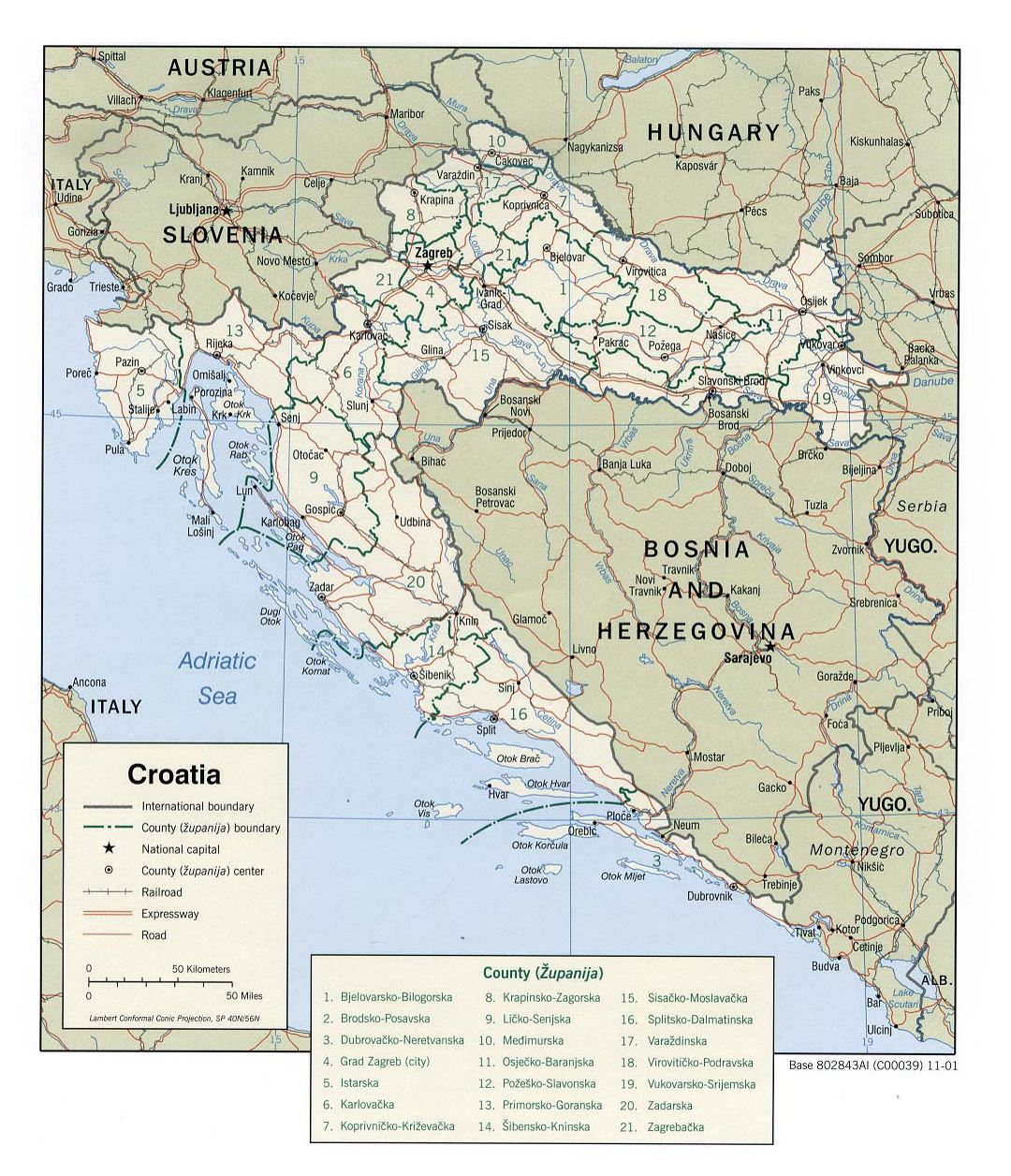 Large political and administrative map of Croatia with roads and cities - 2001