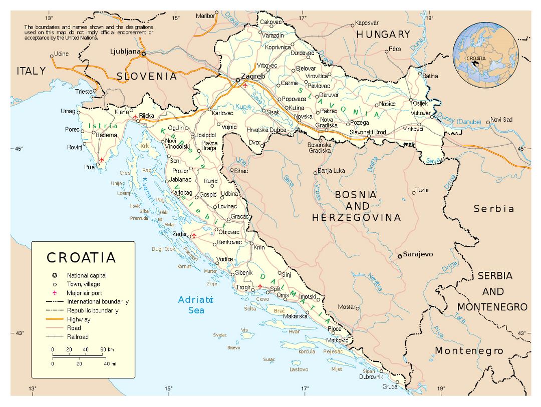 Large political map of Croatia with roads, cities and airports