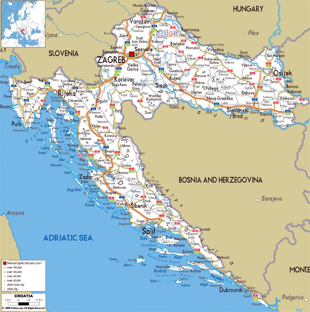Large road map of Croatia with cities and airports