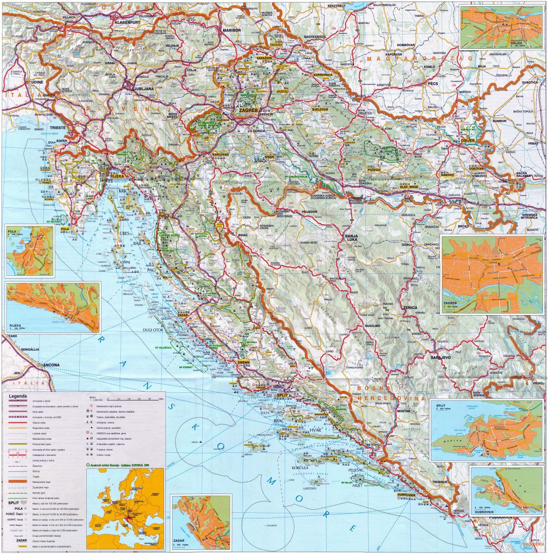 Large scale detailed road map of Croatia with relief and all cities
