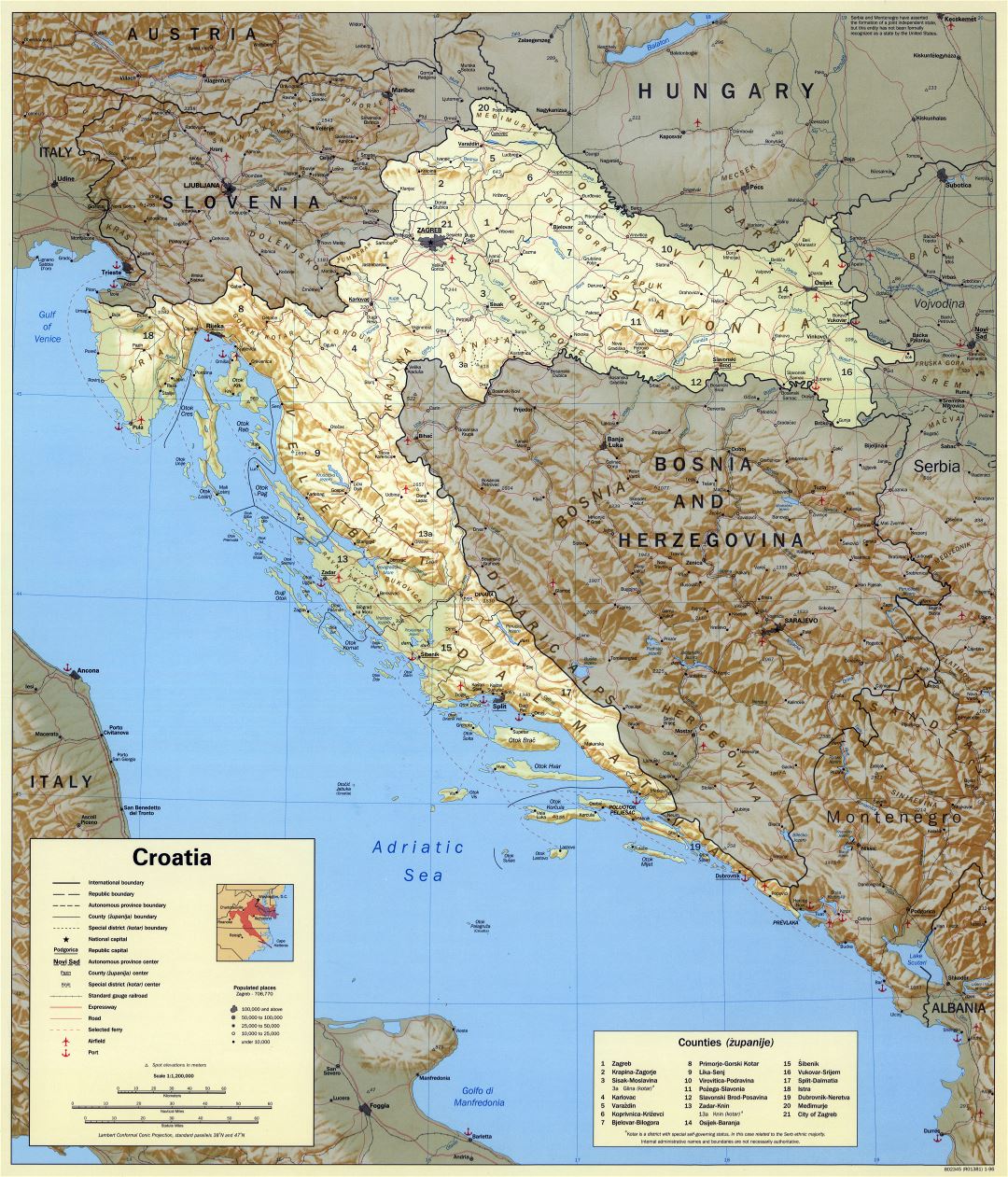Large scale political and administrative map of Croatia with relief, marks of cities, roads, railroads, airfields and seaports - 1996
