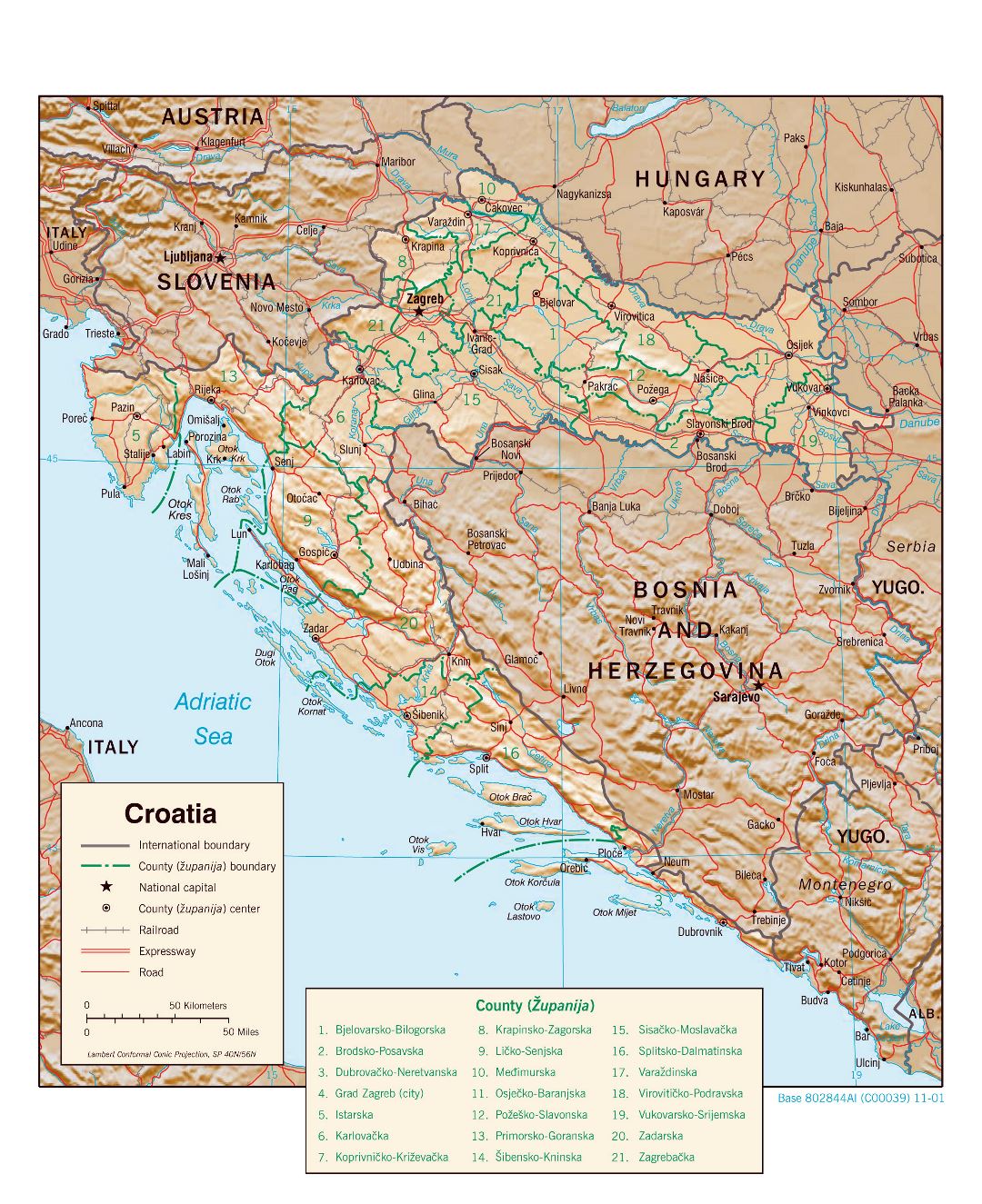 Large scale political and administrative map of Croatia with relief, roads and cities - 2001