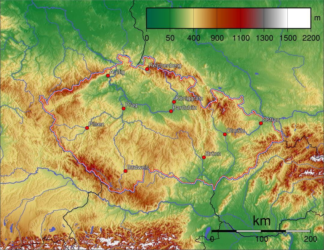 Detailed physical map of Czech Republic