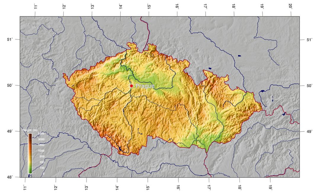 Large physical map of Czech Republic