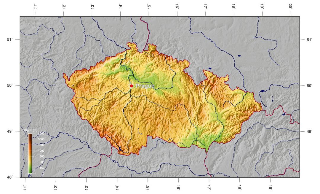 Large physical map of Czech Republic