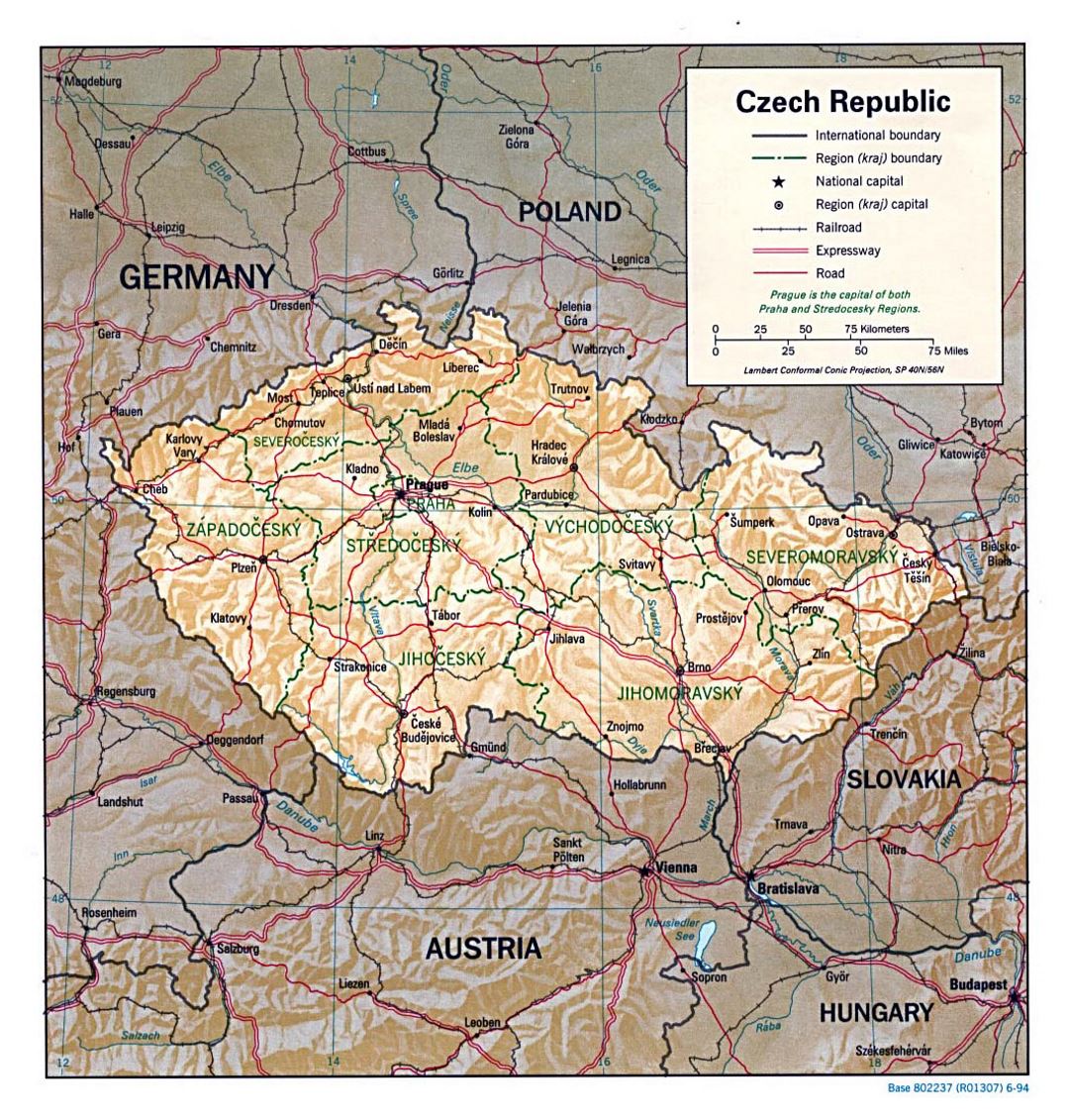 Large political and administrative map of Czech Republic with relief, roads and cities - 1994