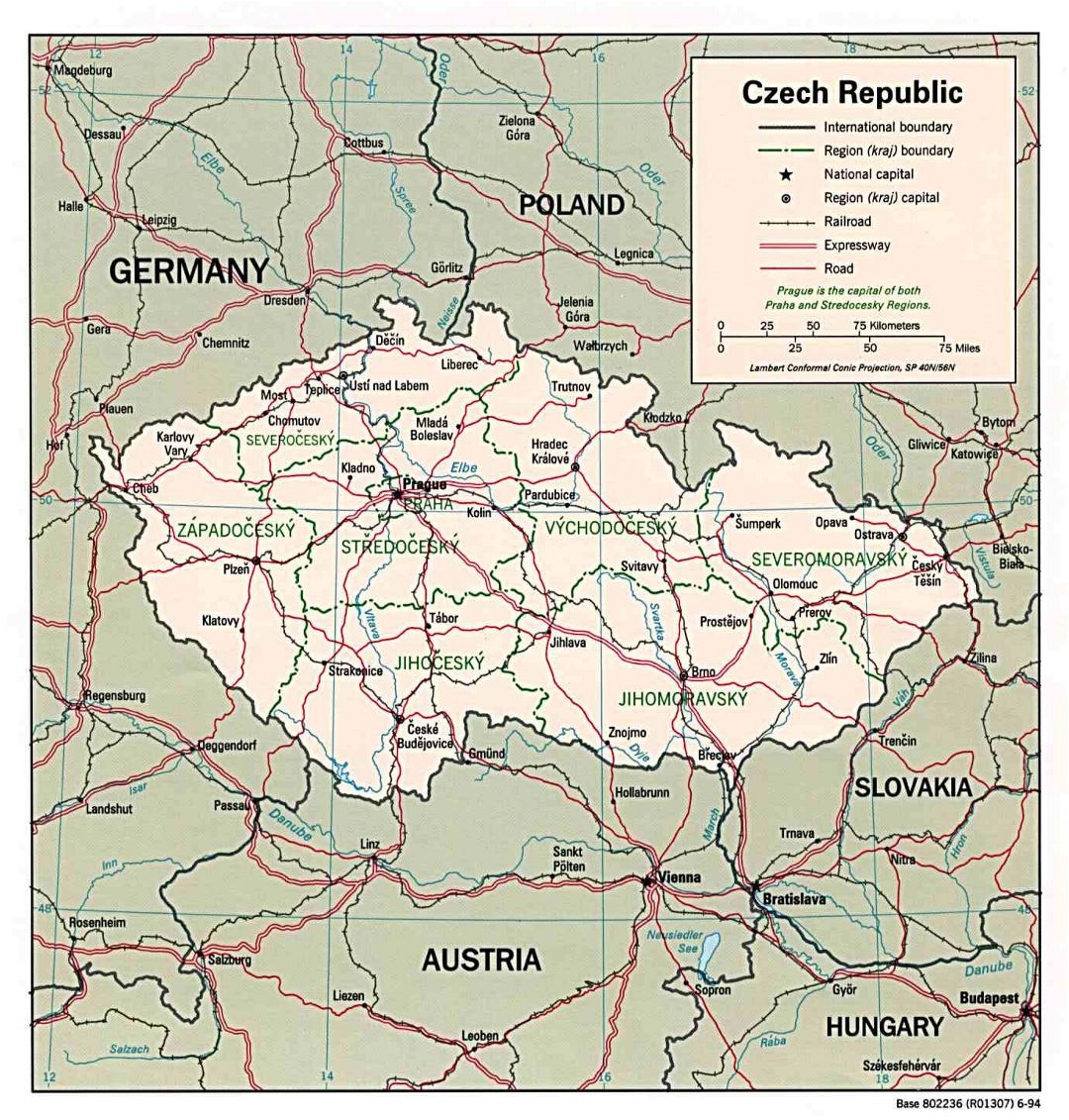 Large political and administrative map of Czech Republic with roads and cities - 1994