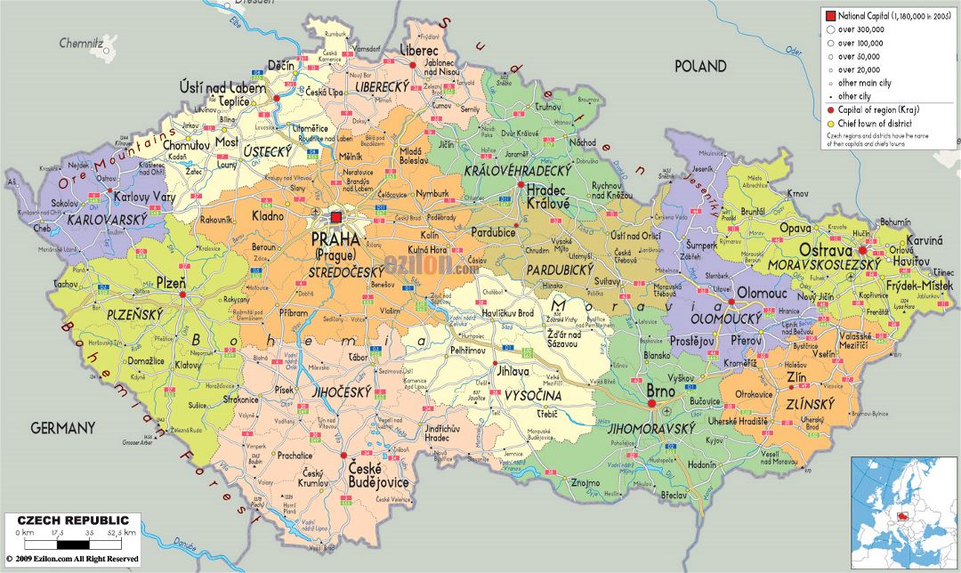 Large political and administrative map of Czech Republic with roads, cities and airports
