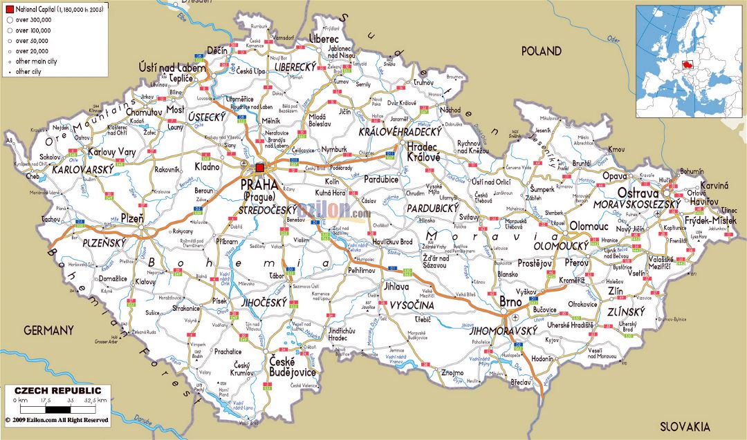 Large road map of Czech Republic with cities and airports