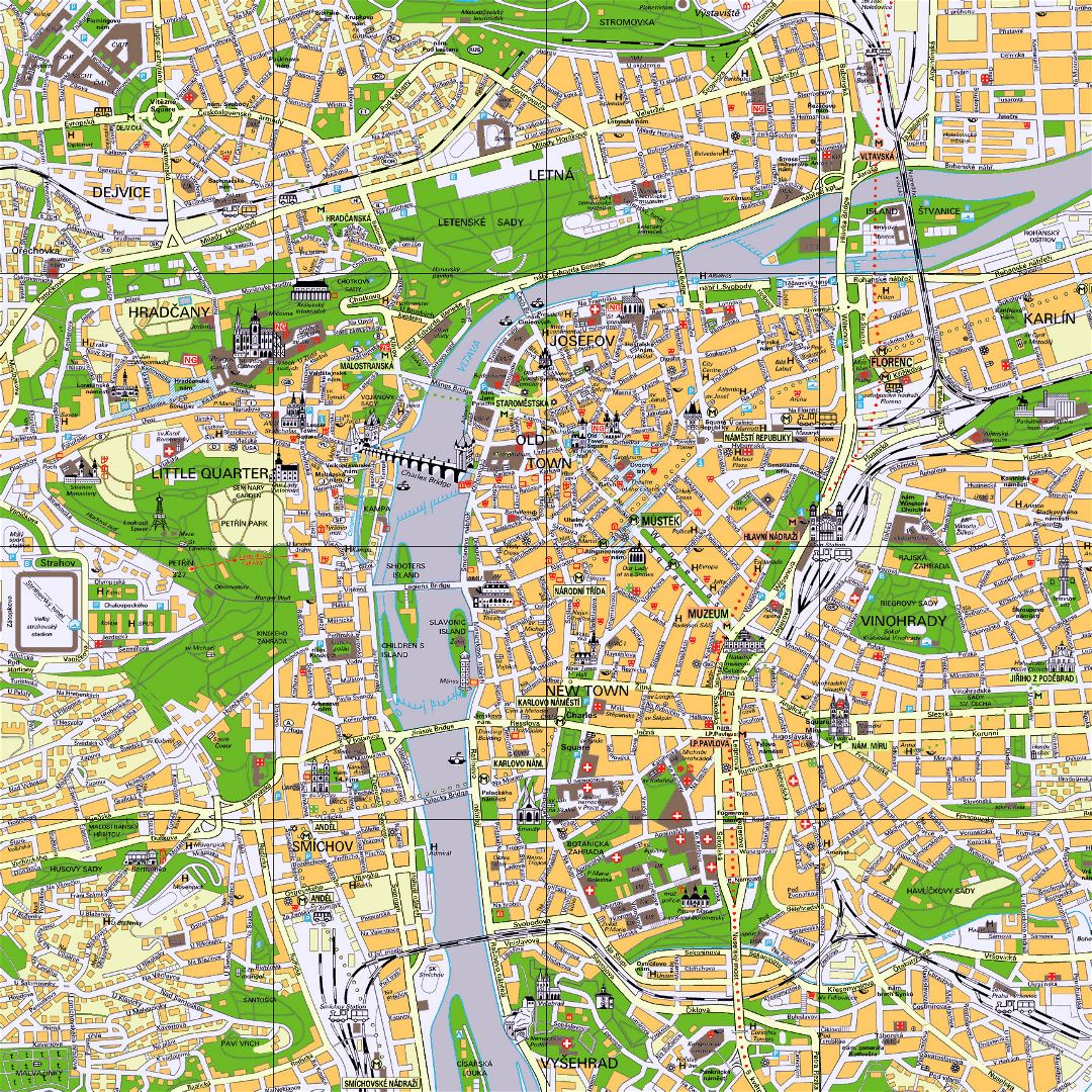 Detailed tourist map of Prague city center