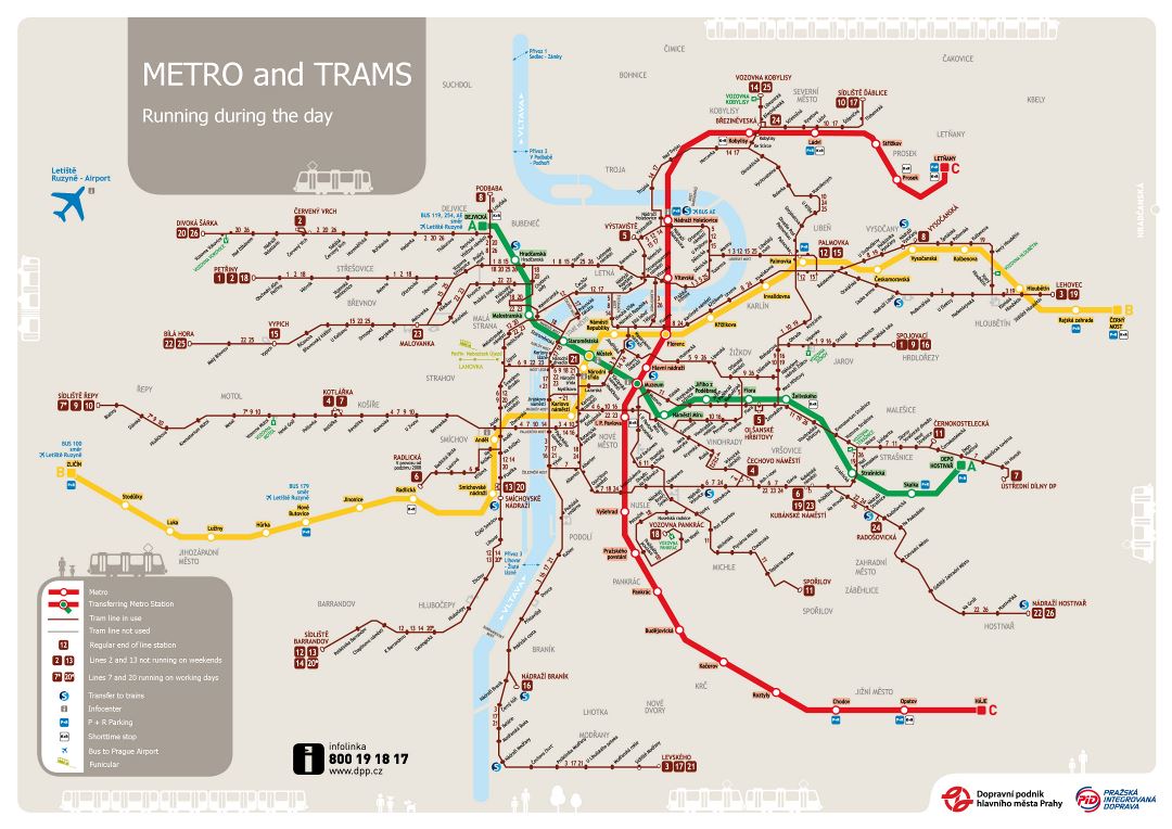 Large detailed metro and tram map of Prague city