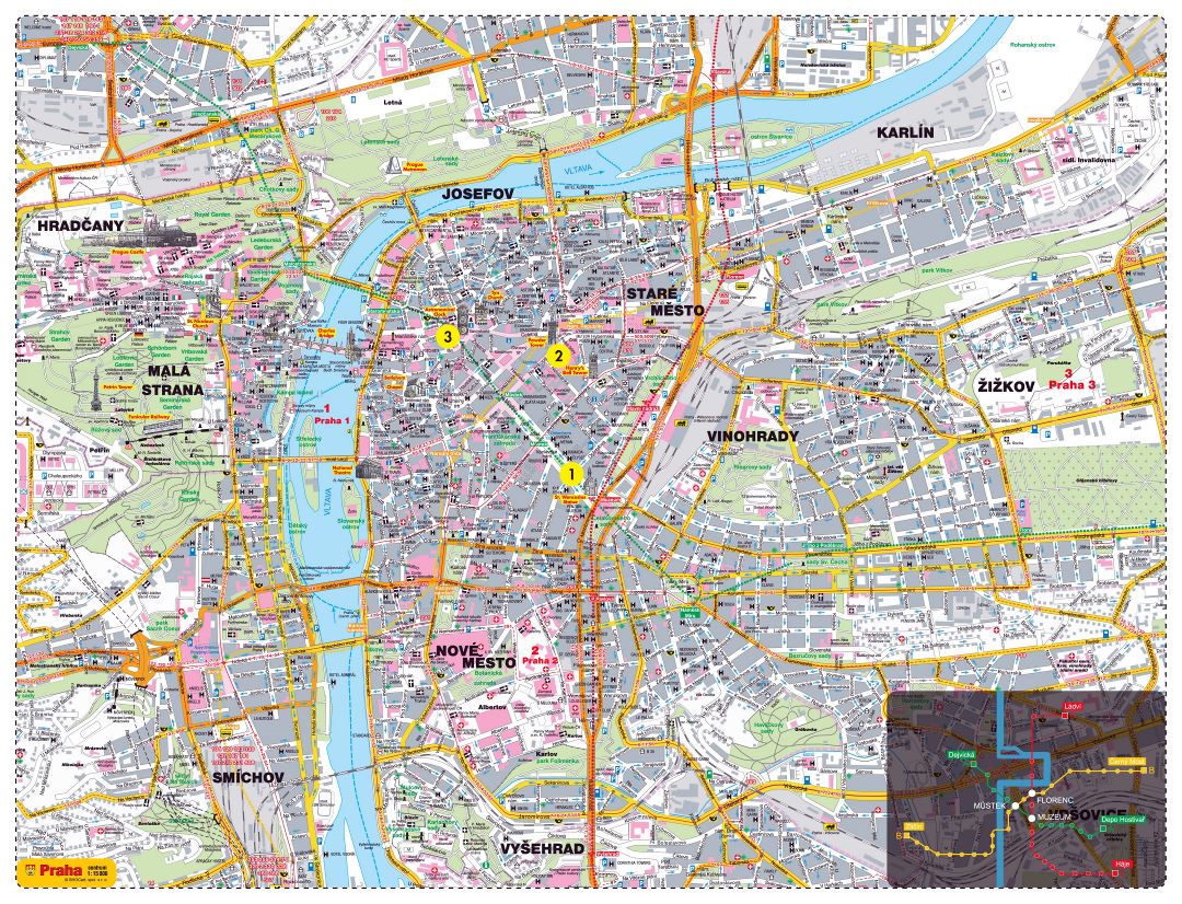 Large detailed road and tourist map of Prague city