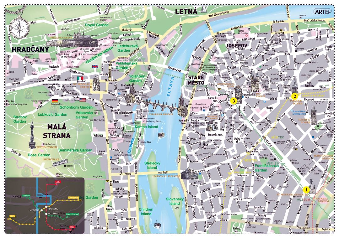 Large tourist map of Prague city