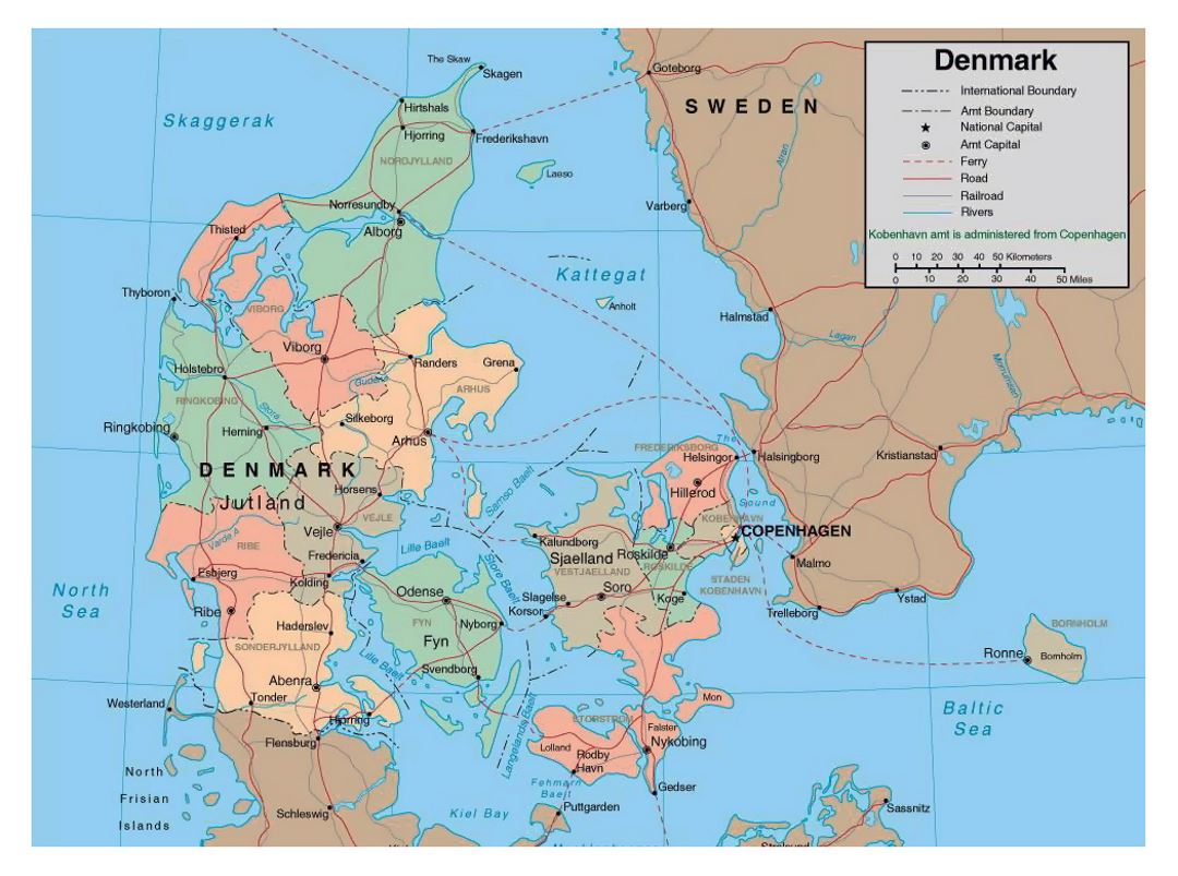 Detailed political and administrative map of Denmark