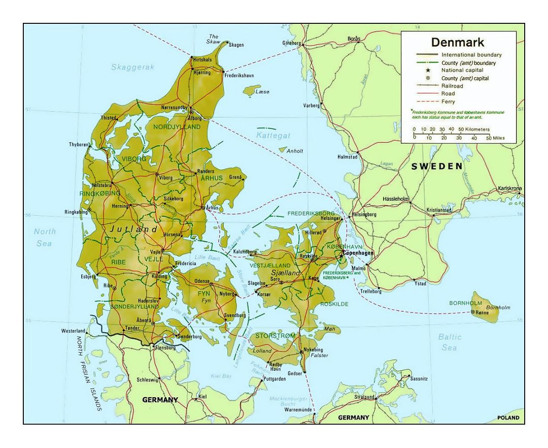 Detailed political and administrative map of Denmark with relief