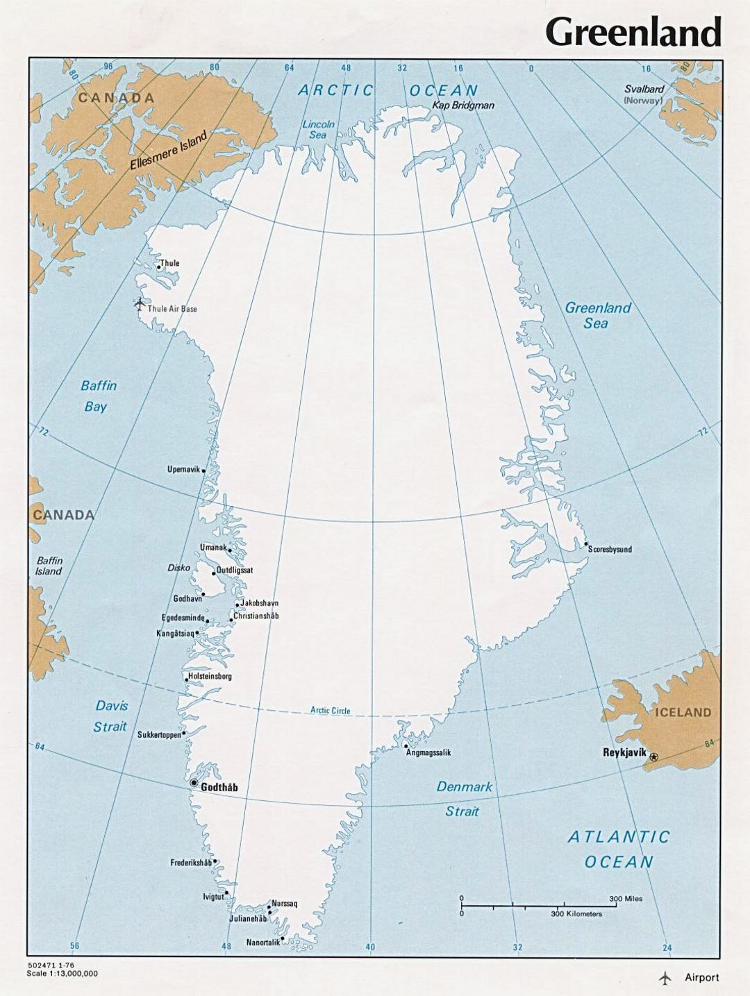 Detailed political map of Greenland with cities - 1976