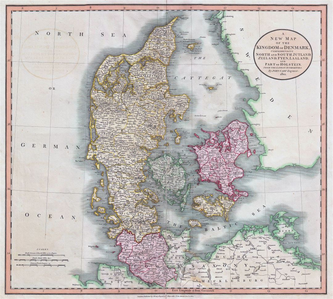 Large detailed old map of Denmark with cities - 1801
