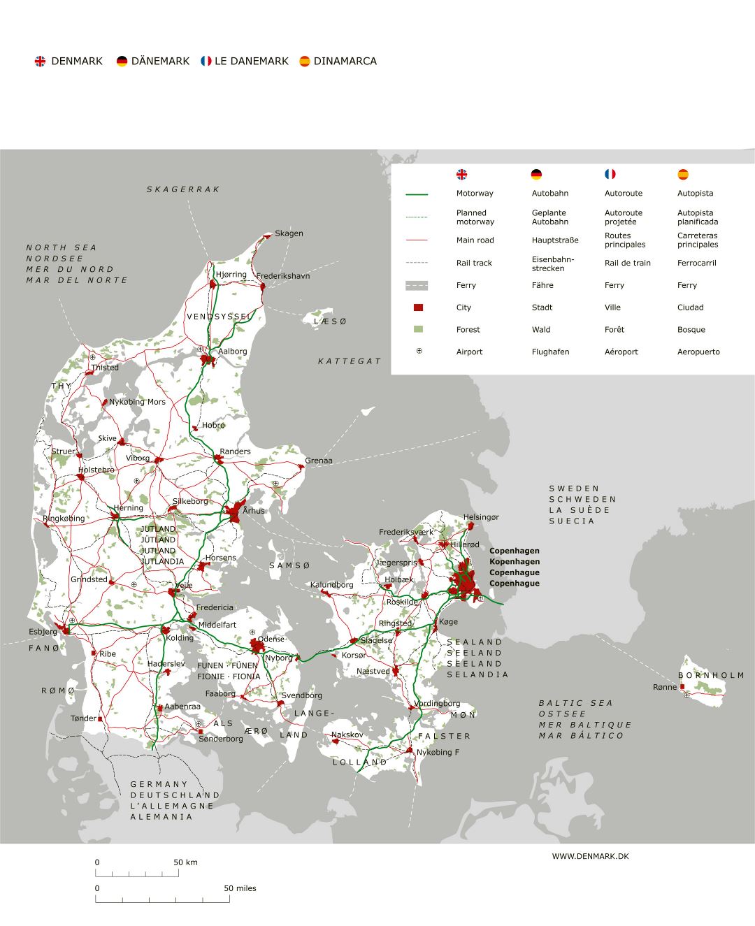 Large detailed road map of Denmark with major cities and airports