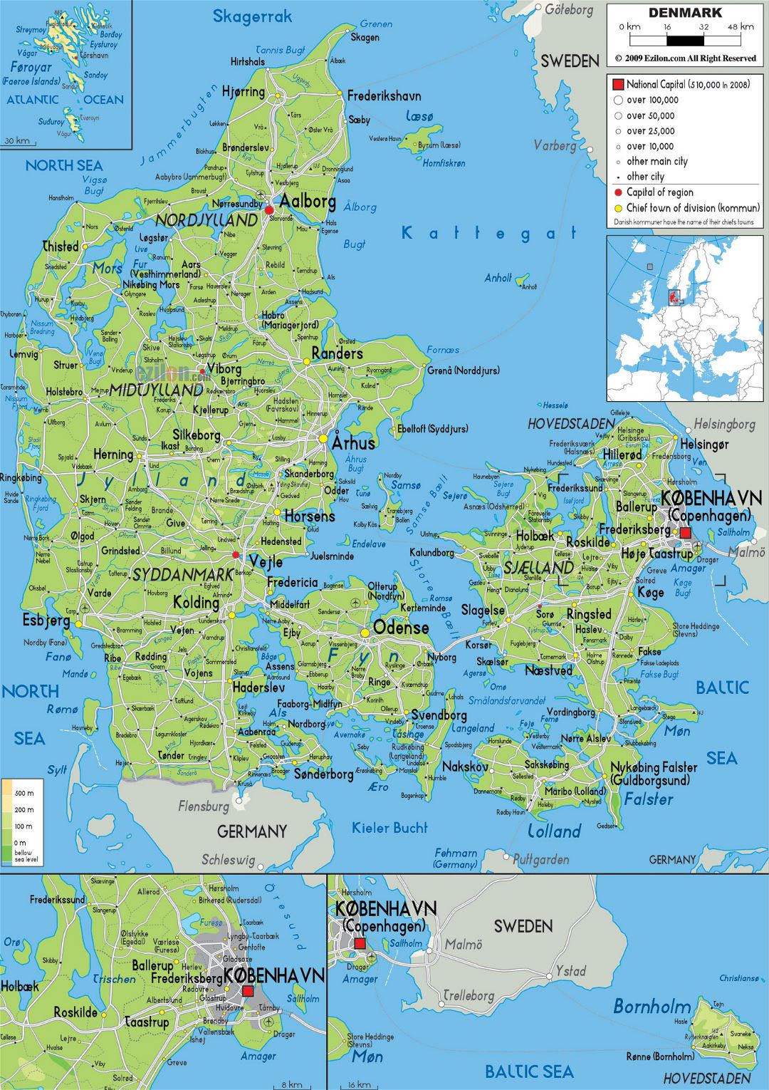 Large physical map of Denmark with roads, cities and airports