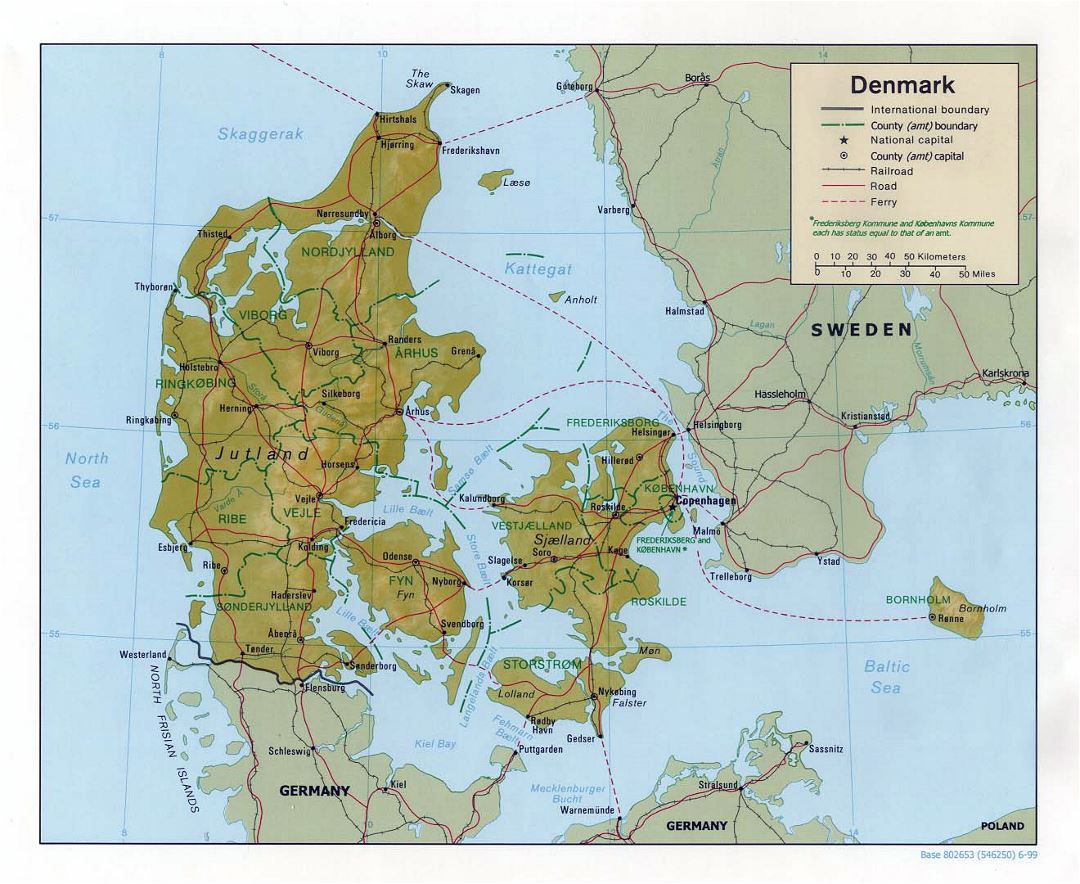 Large political and administrative map of Denmark with relief, roads and major cities - 1999