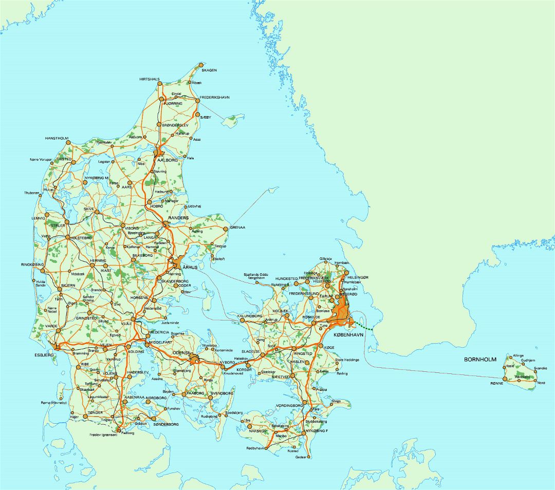 Large road map of Denmark