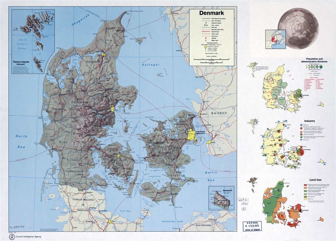 Large scale country profile map of Denmark - 1974
