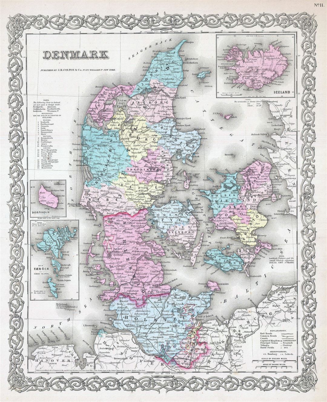 Large scale old political and administrative map of Denmark with roads and cities - 1855