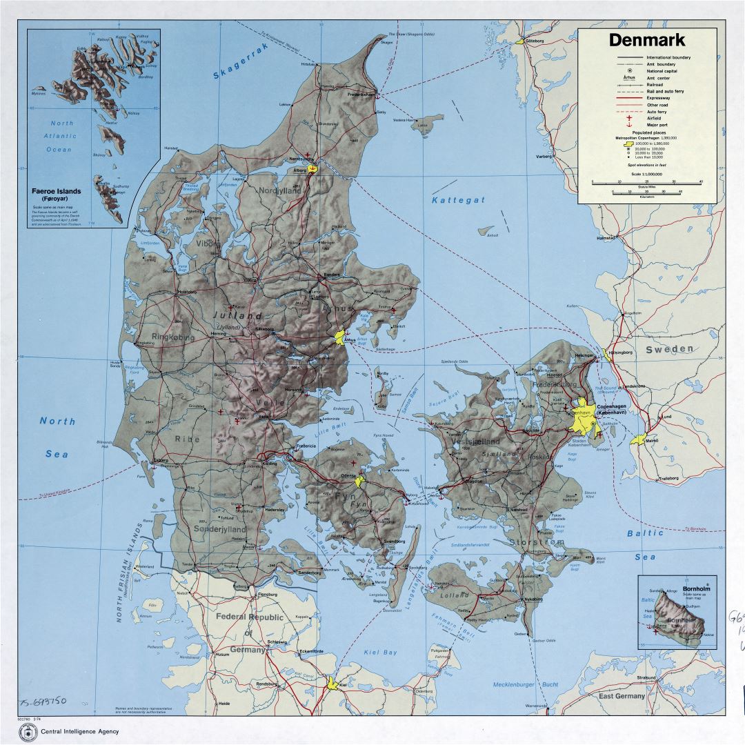 Large scale political and administrative map of Denmark with relief, roads, railroads, airports, seaports and cities - 1974