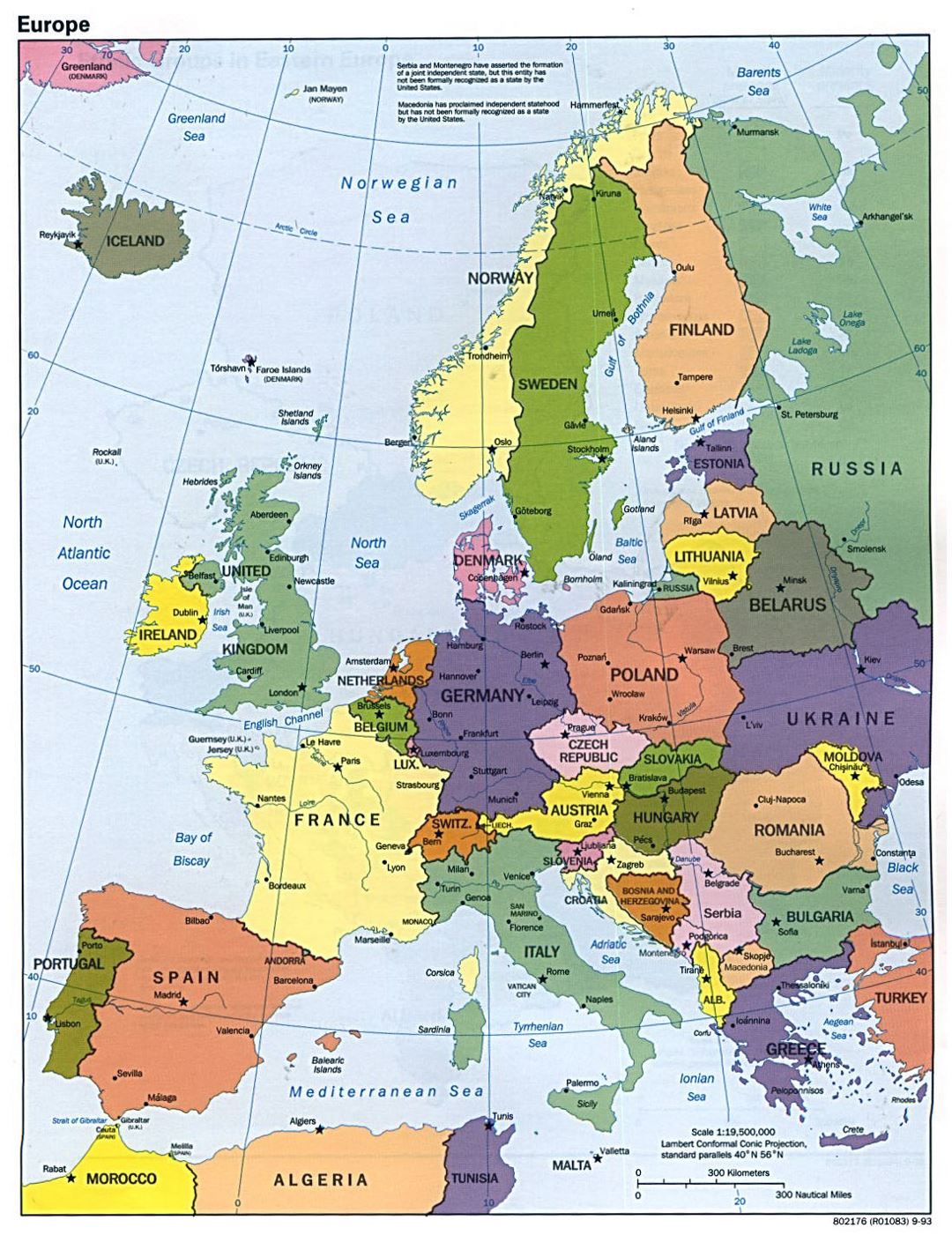 Detailed political map of Europe - 1993