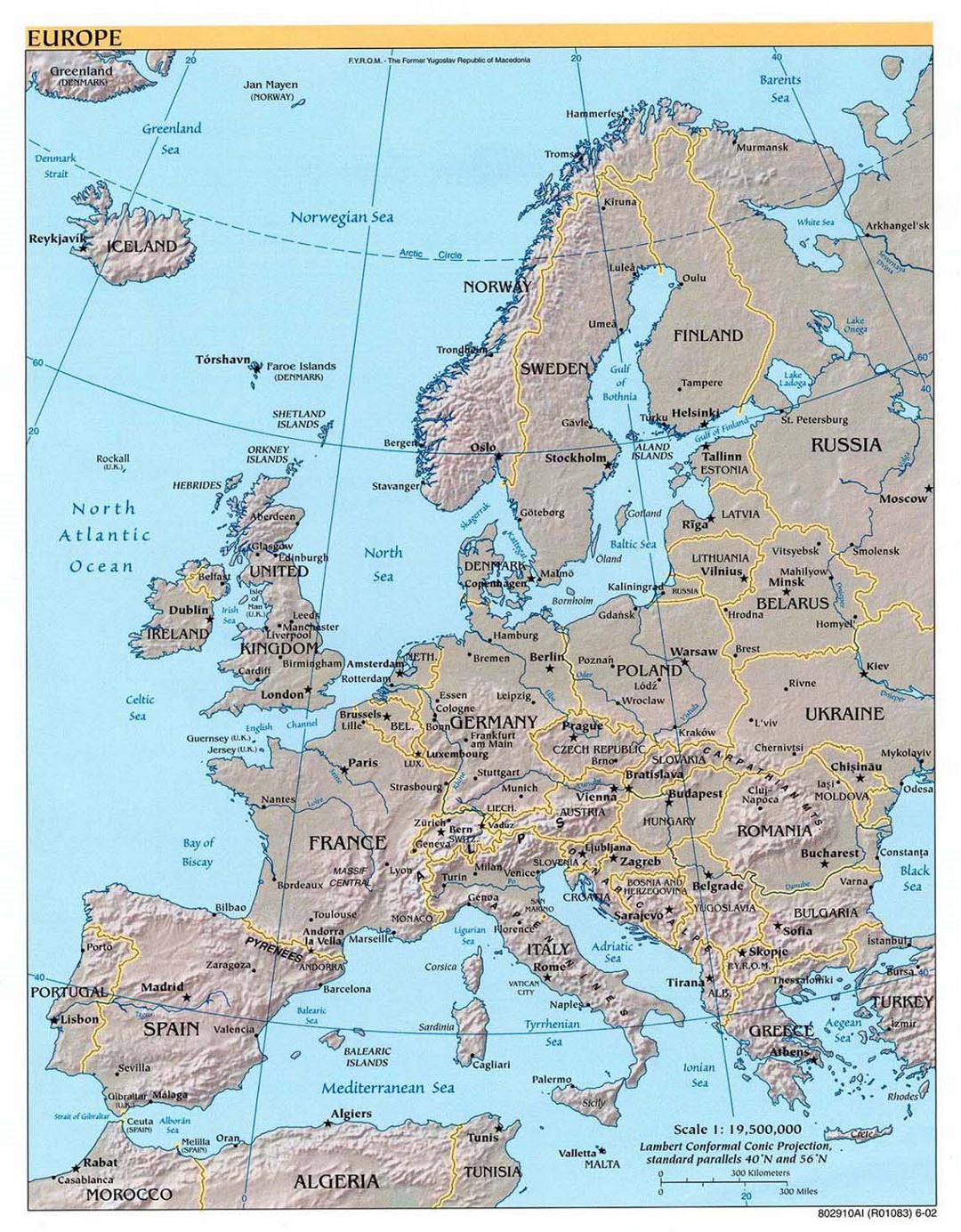 Detailed political map of Europe with relief - 2002