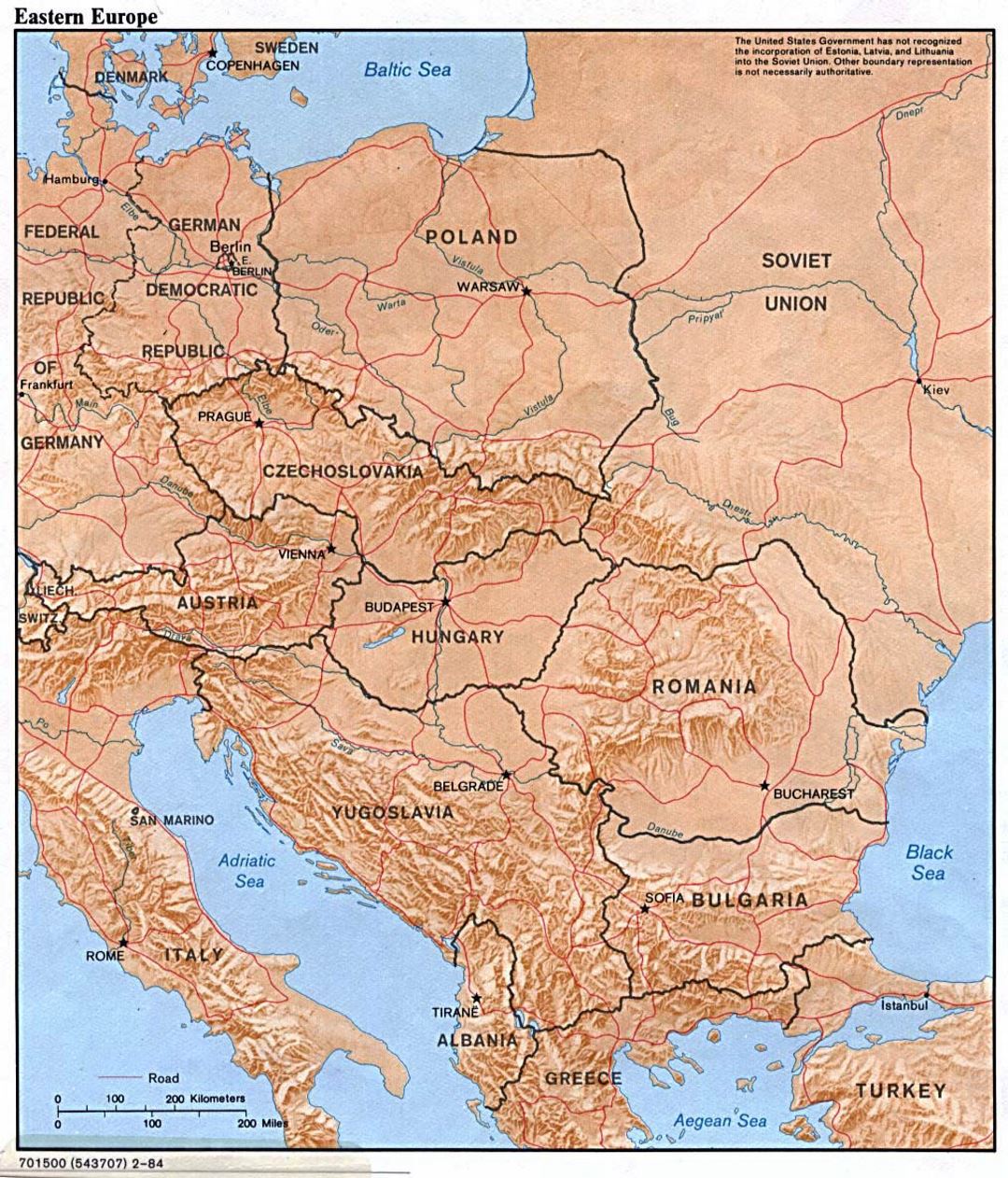 Detailed political map of Eastern Europe  with relief 