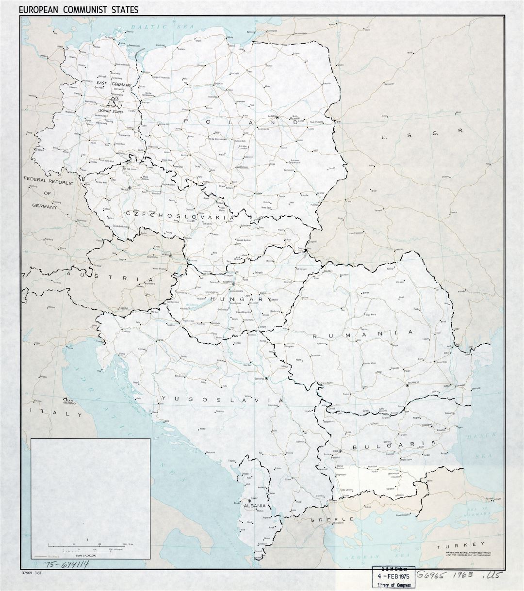 Large scale political map of European Communist States with the marks of capitals, major cities, railroads and names of countries - 1963