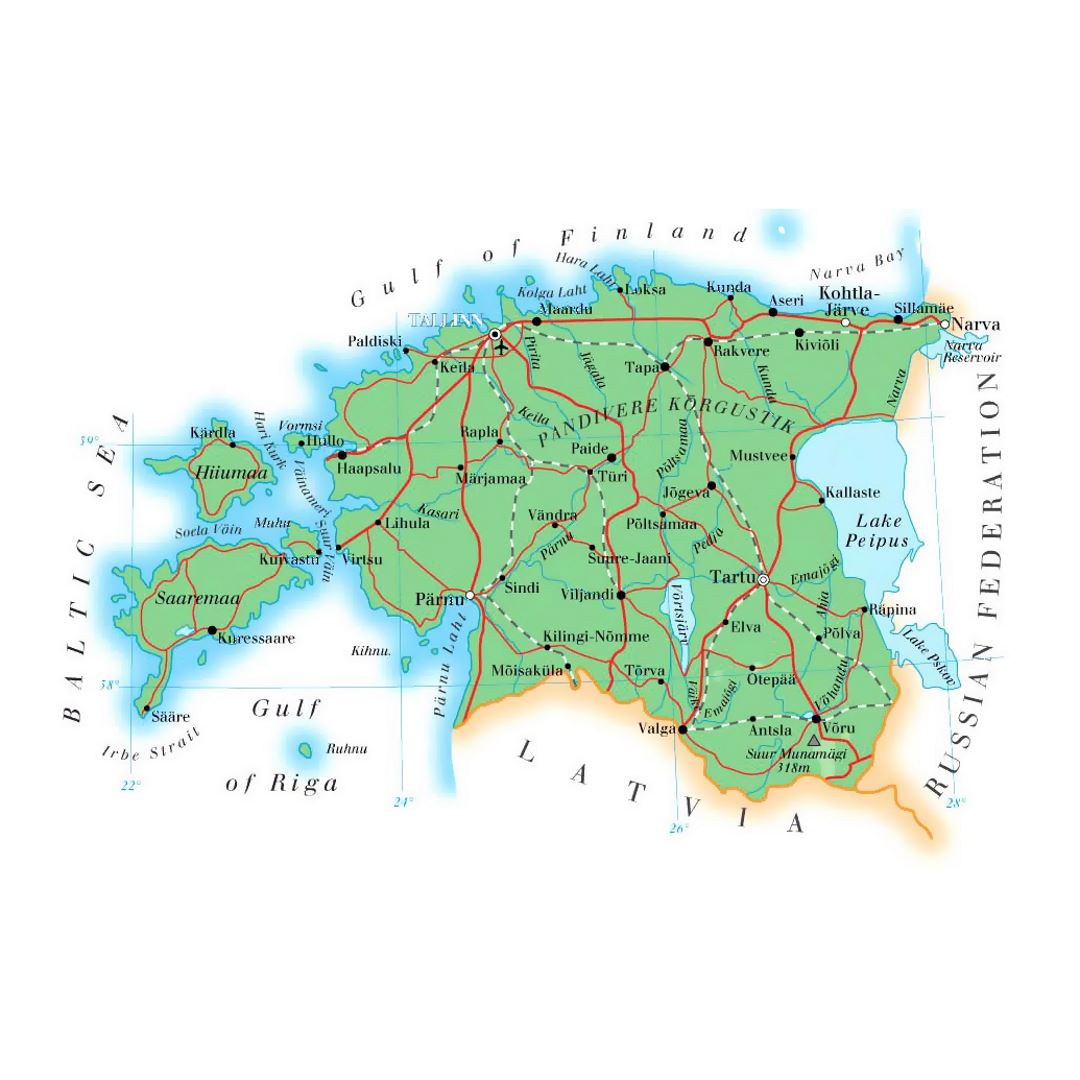 Detailed elevation map of Estonia with roads, cities and airports