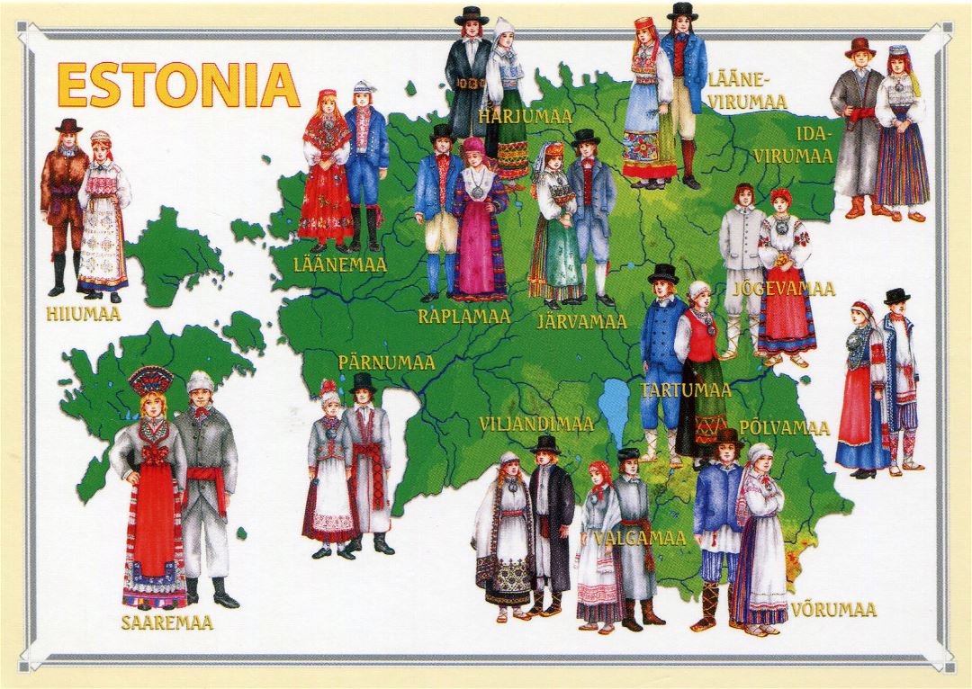 Large folk costumes map of Estonia