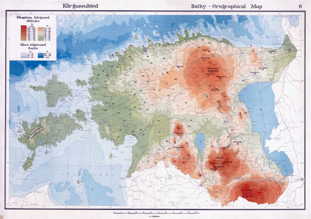 Large old elevation map of Estonia