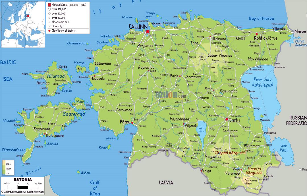 Large physical map of Estonia with roads, cities and airports