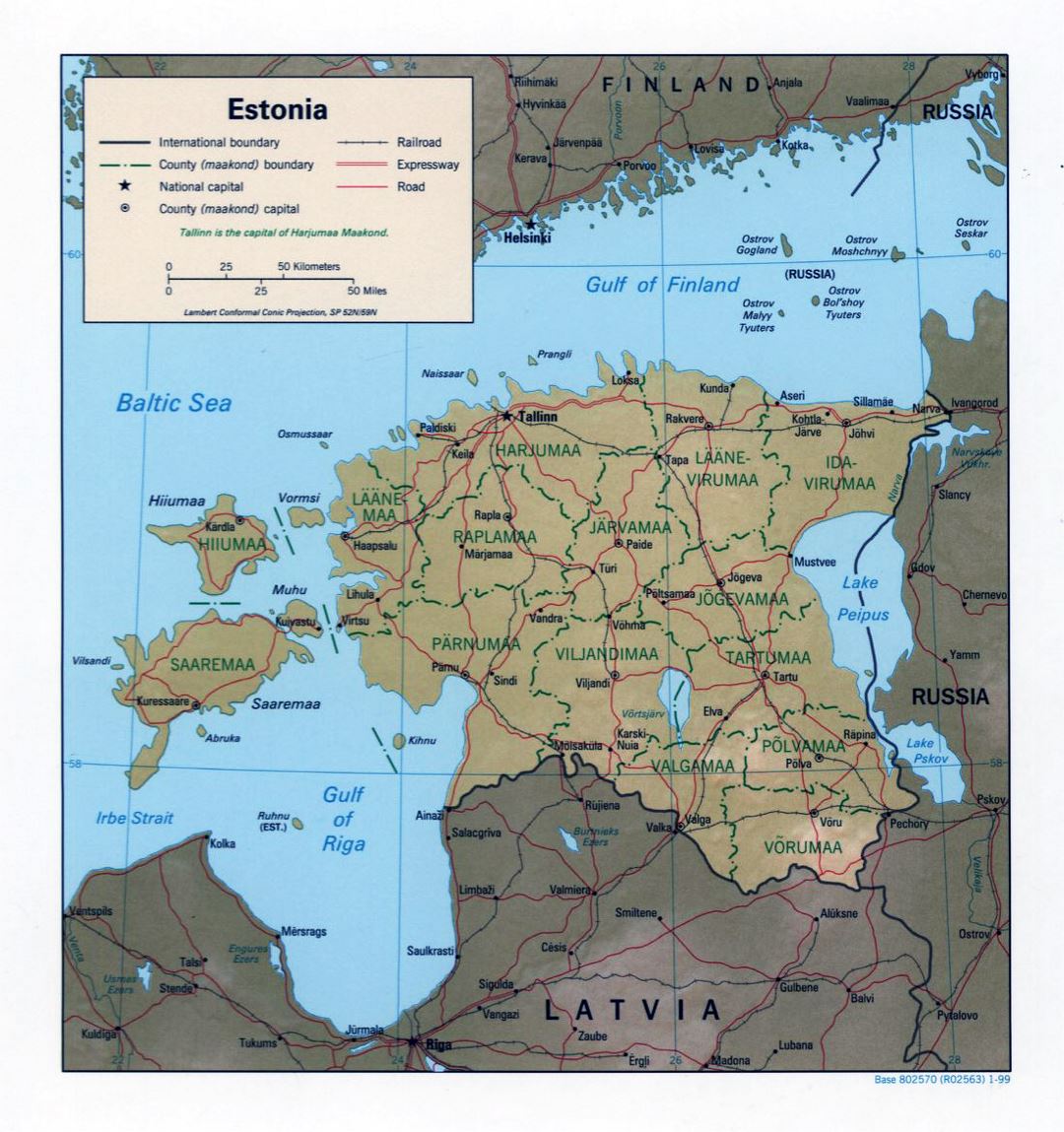 Large political and administrative map of Estonia with relief - 1999