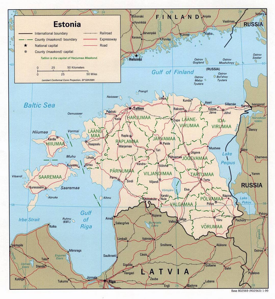 Large political and administrative map of Estonia with roads and major cities -1999