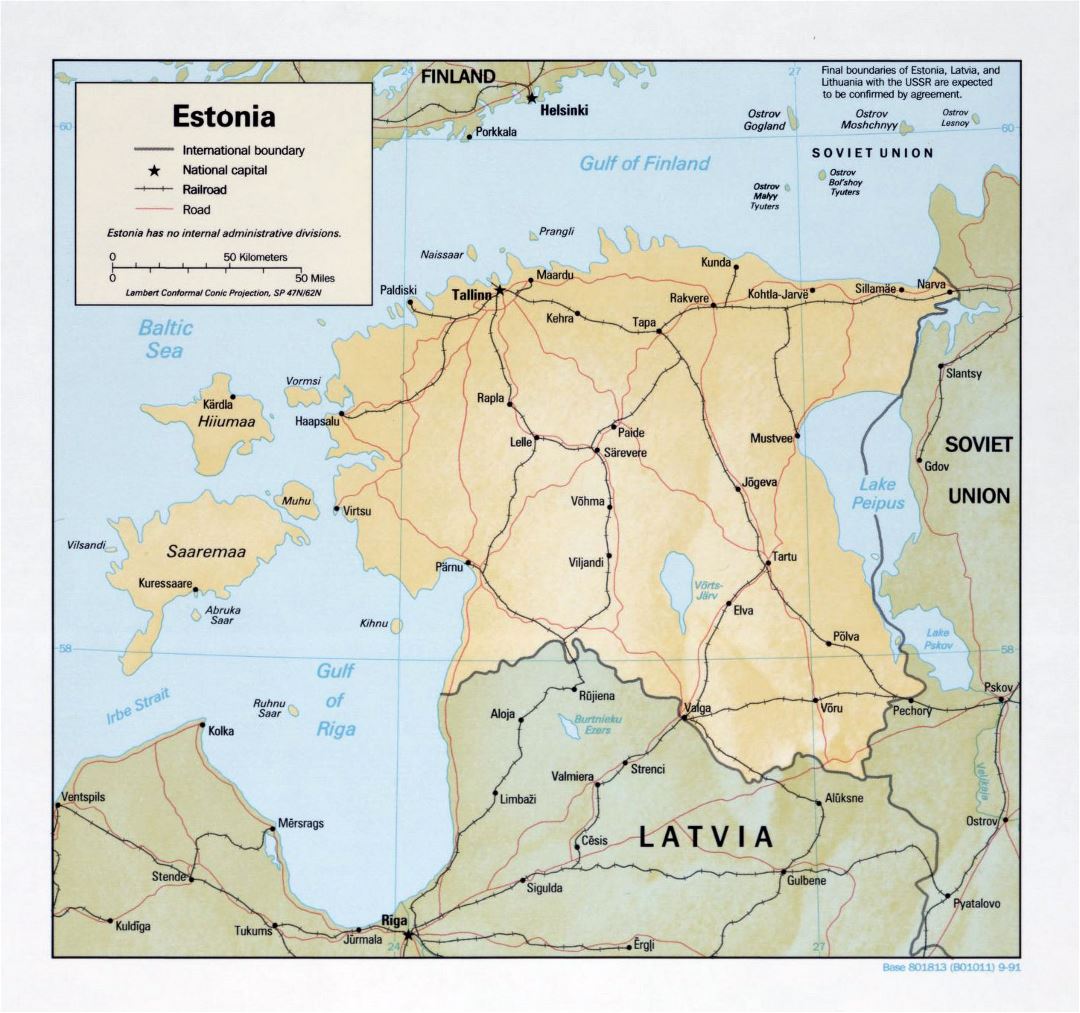 Large political map of Estonia with relief, roads, railroads and major cities - 1991