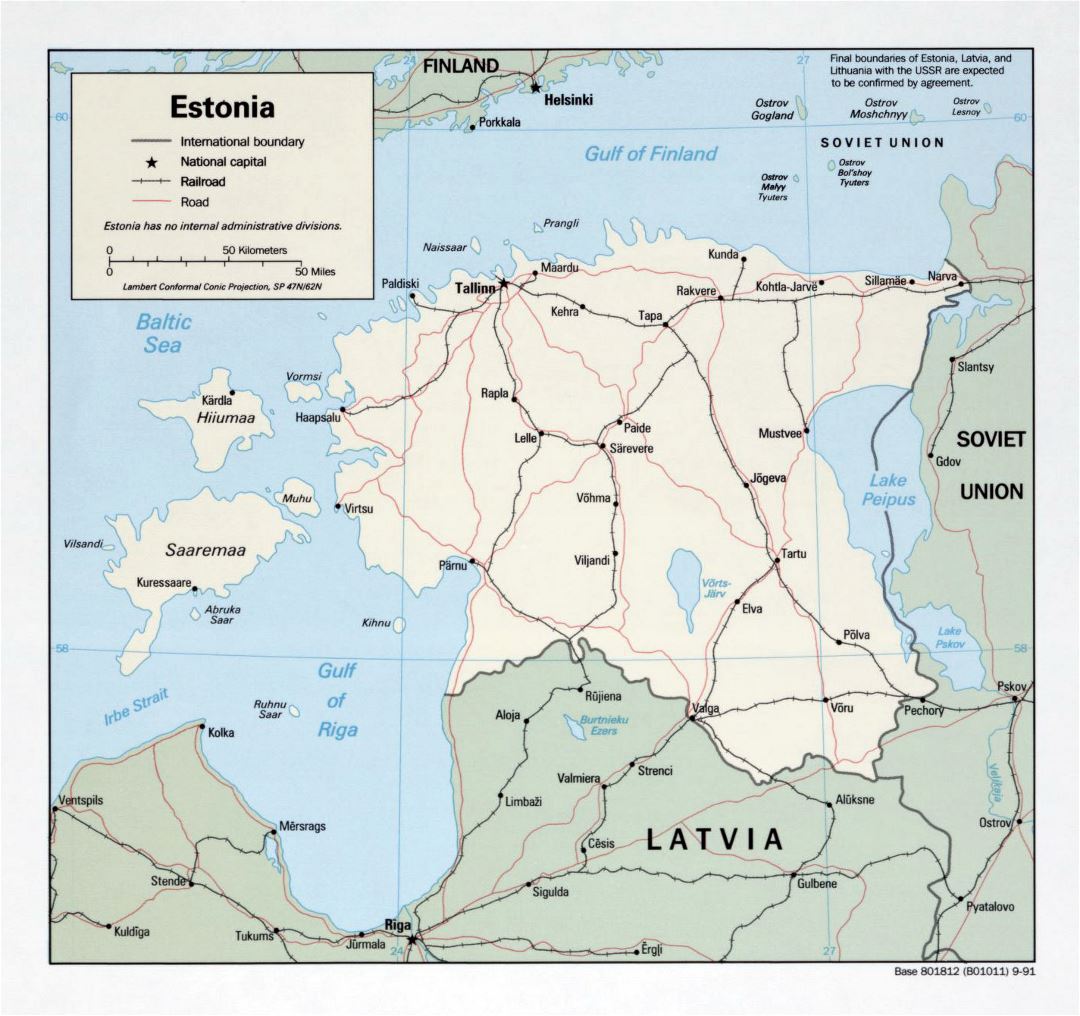 Large political map of Estonia with roads, railroads and major cities - 1991