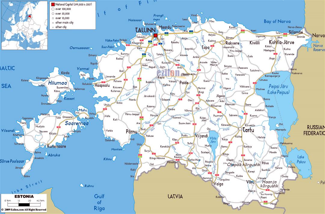 Large road map of Estonia with cities and airports