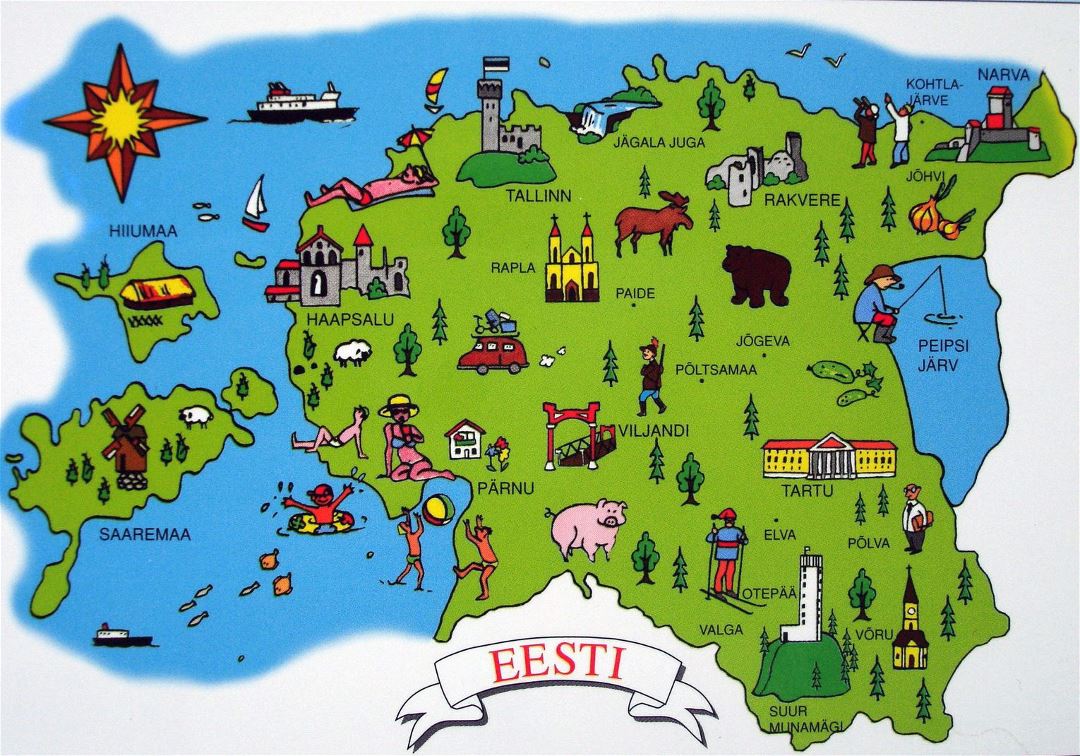 Large tourist illustrated map of Estonia
