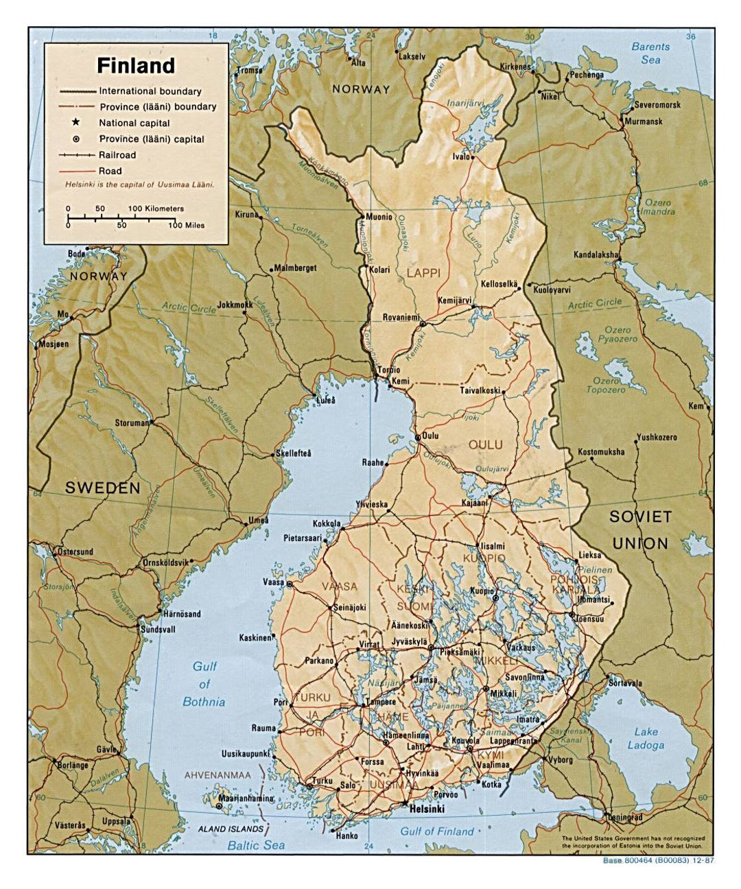 Detailed political and administrative map of Finland with relief, roads and cities - 1987