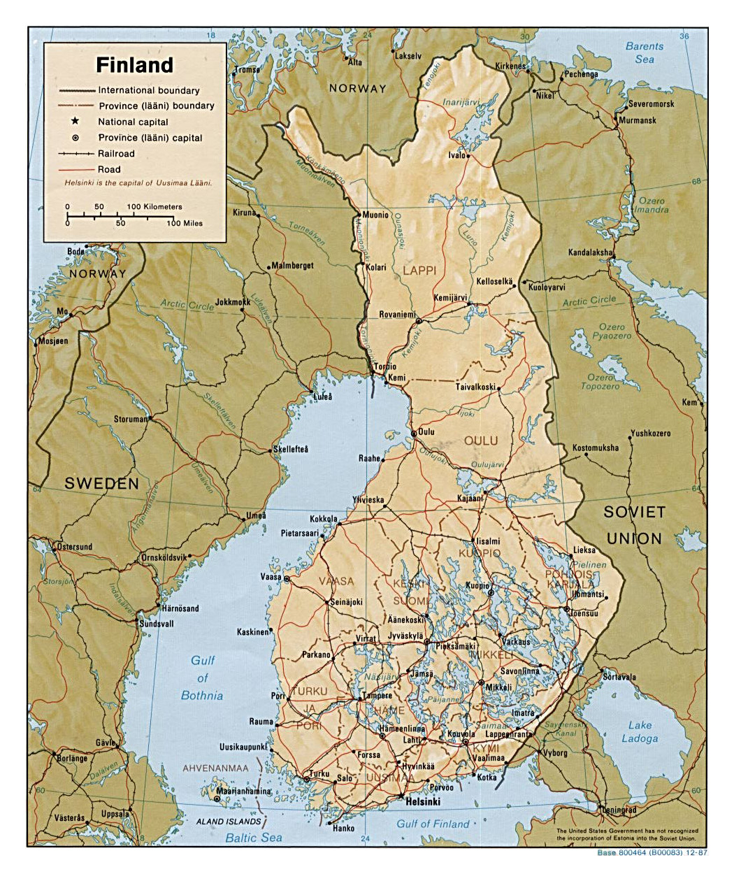 Detailed political and administrative map of Finland with relief, roads
